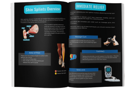 Shin splint eBook showing immediate pain relief techniques. 