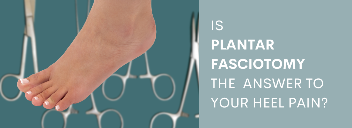 Surgical tools and someone with plantar fasciitis with text overlay titled plantar fasciitis surgery guide.