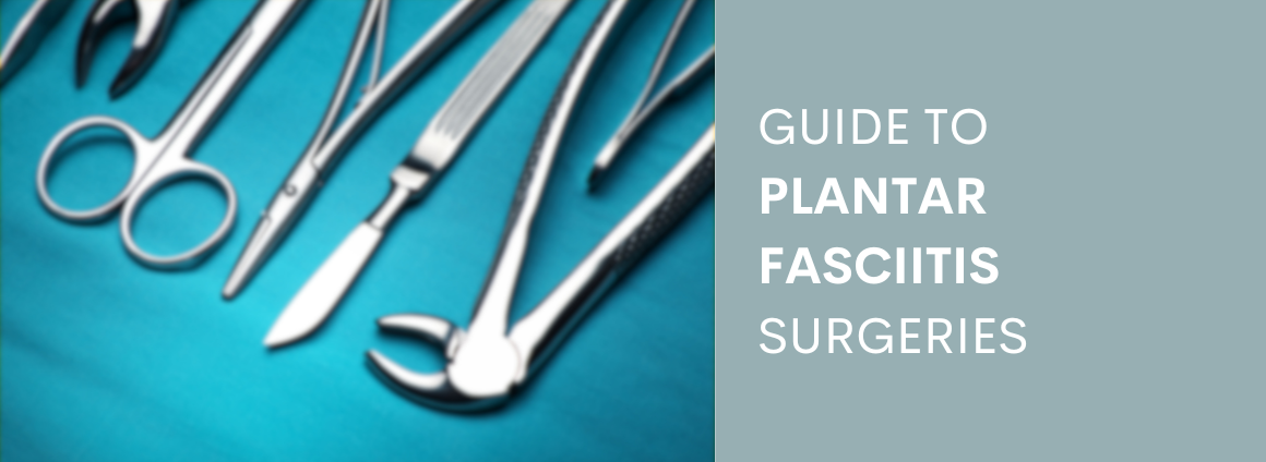 Surgical tools with text overlay guide to plantar fasciitis surgeries.