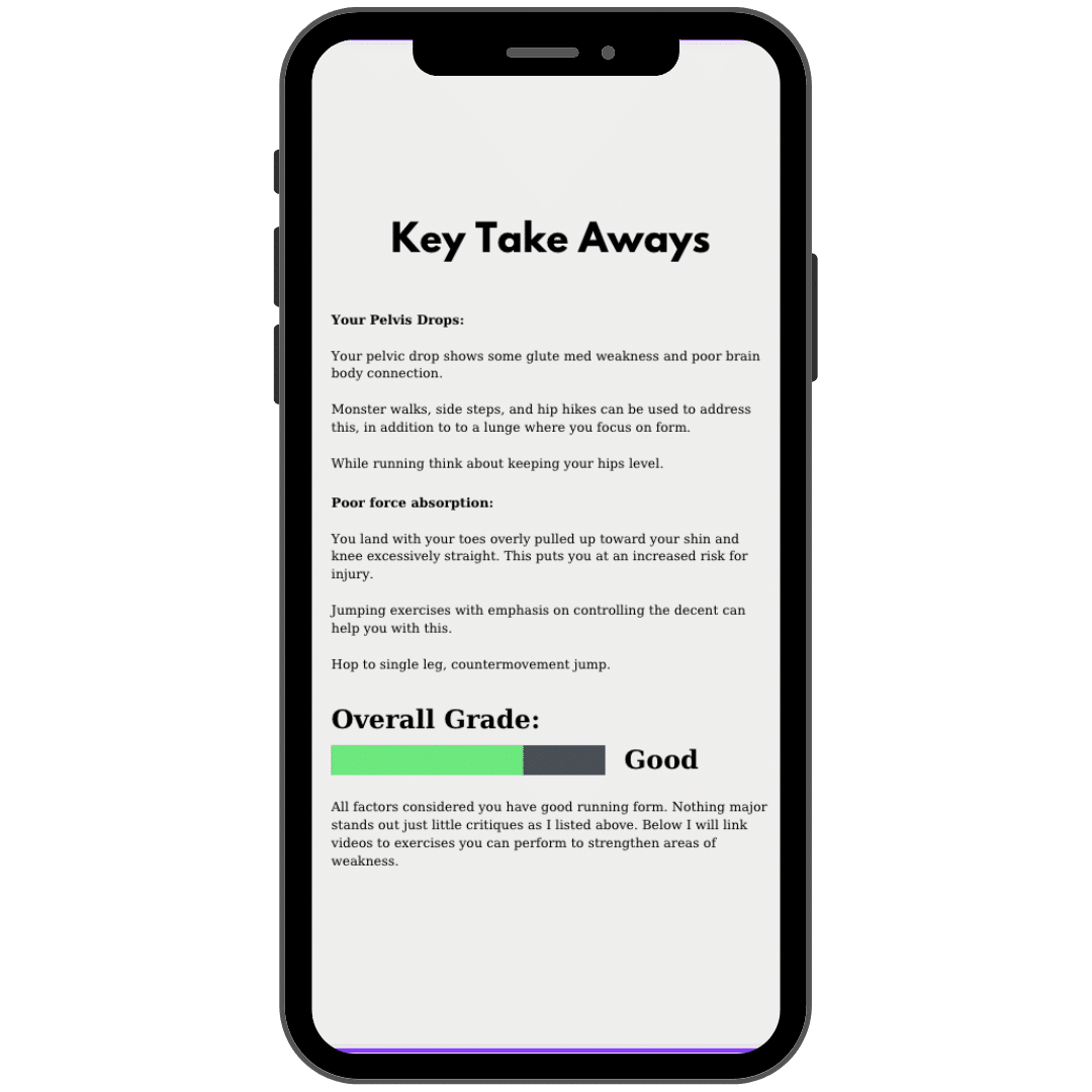 Example of key take aways of running form analysis